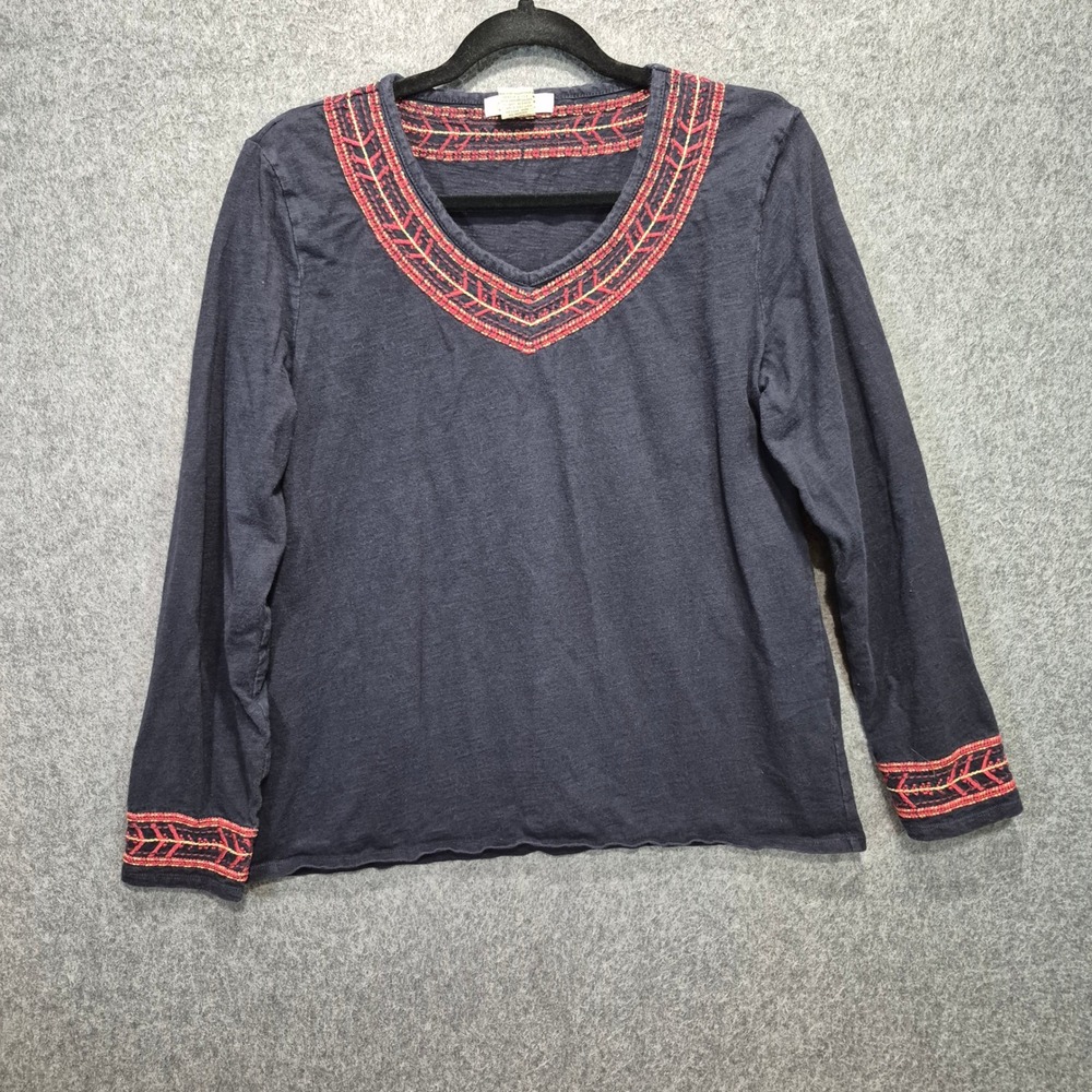 Vtg Orvis Long Sleeve V Neck Embroidered L Top 100% Cotton Granola 90s 80s 70S
